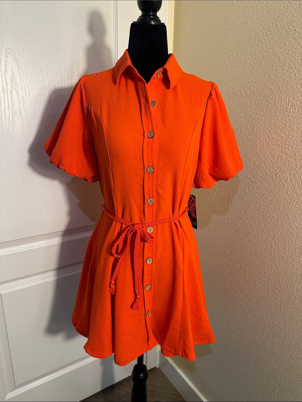 Bright Orange Button-Front Shirt Dress. Poofy short sleeves. Hint of Blush. S